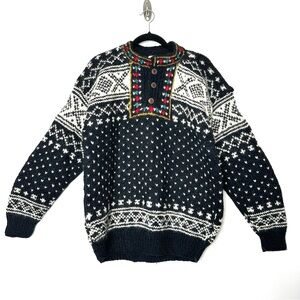 Vintage Boho Fair Isle Nordic Wool Hand Knit Sweater Cottagecore Cabincore